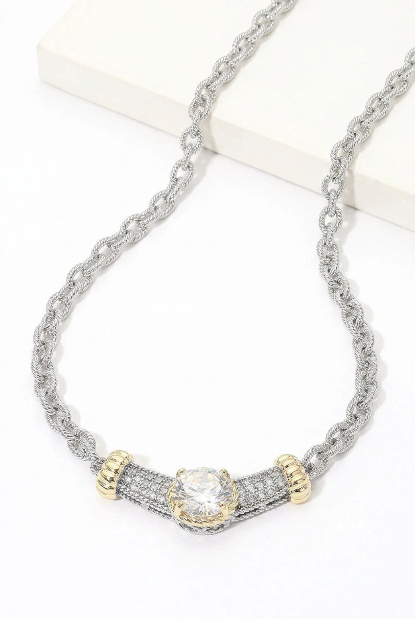 14K Gold Plated Two Tone Round CZ Stone Center Bar Accent Link Necklace M H W ACCESSORIES LLC