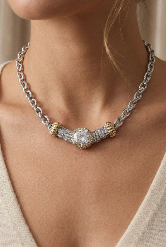 14K Gold Plated Two Tone Round CZ Stone Center Bar Accent Link Necklace M H W ACCESSORIES LLC