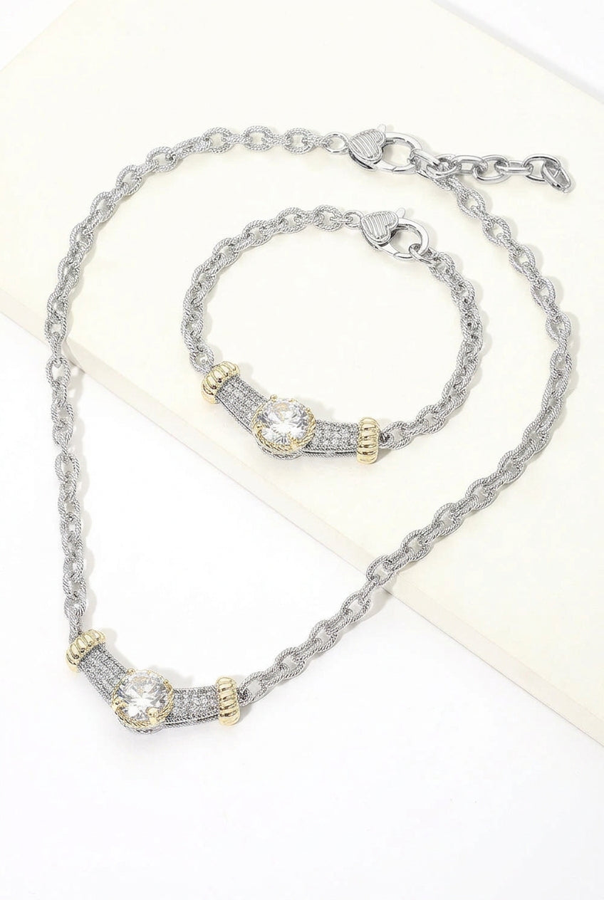 14K Gold Plated Two Tone Round CZ Stone Center Bar Accent Link Necklace M H W ACCESSORIES LLC 