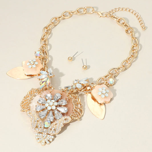 Flower Gold Embellished Resin Pendant Statement Necklace
