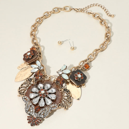 Flower Brown & Gold Embellished Resin Pendant Statement Necklace