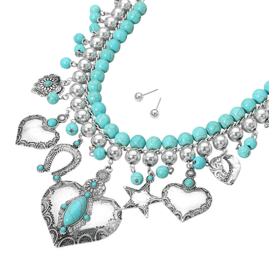 Western Boho Turquoise  Heart Star Horseshoe Charm Station Statement Necklace
