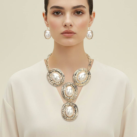 Hammered Oval Pearl Link Statement Necklace
