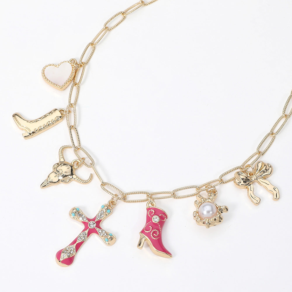 Pink Cross Cowboy Boot Metal Steer Head Bow Pearl Heart Charm Chain Necklace