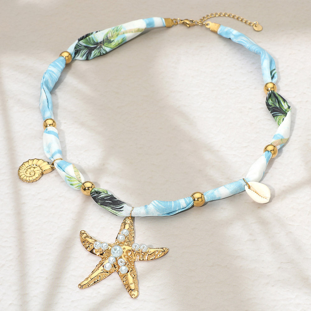 Stainless Steel Coastal Starfish Shell Charm Accent Fabric Scarf Necklace M H W ACCESSORIES LLC Stainless Steel Coastal Starfish Shell Charm Accent Fabric Scarf Necklace