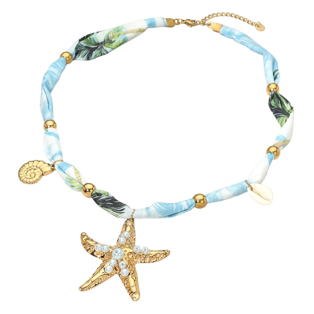 Stainless Steel Coastal Starfish Shell Charm Accent Fabric Scarf Necklace M H W ACCESSORIES LLC Stainless Steel Coastal Starfish Shell Charm Accent Fabric Scarf Necklace