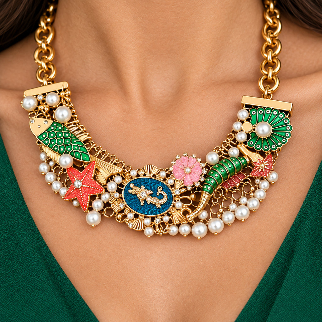 Pearl Embellished Ocean Theme Starfish Fish Seahorse Shell Statement Necklace M H W ACCESSORIES LLC Pearl Embellished Ocean Theme Starfish Fish Seahorse Shell Statement Necklace