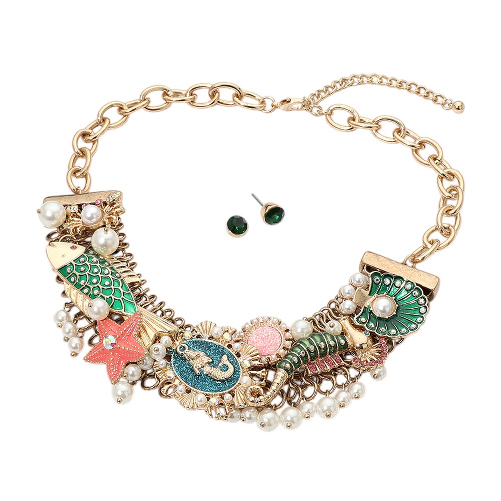 Pearl Embellished Ocean Theme Starfish Fish Seahorse Shell Statement Necklace M H W ACCESSORIES LLC Pearl Embellished Ocean Theme Starfish Fish Seahorse Shell Statement Necklace