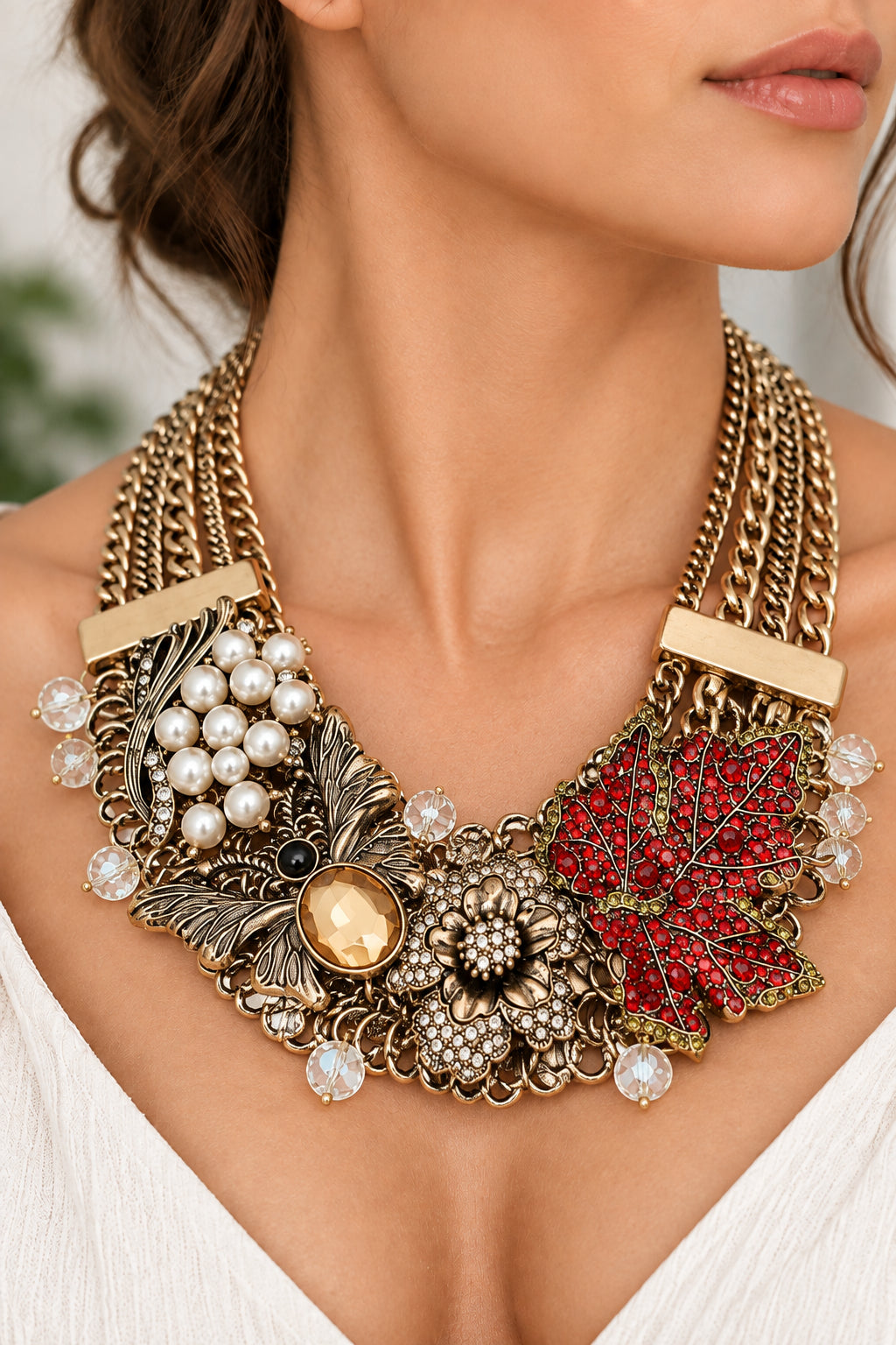 Crystal Pearl Embellished Vintage Floral Butterfly Statement Necklace M H W ACCESSORIES LLC Crystal Pearl Embellished Vintage Floral Butterfly Statement Necklace