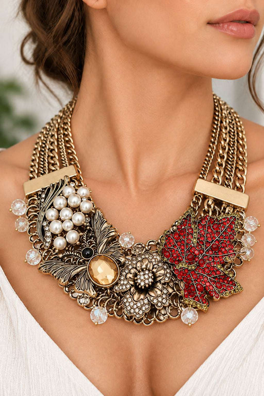 Crystal Pearl Embellished Vintage Floral Butterfly Statement Necklace M H W ACCESSORIES LLC Crystal Pearl Embellished Vintage Floral Butterfly Statement Necklace