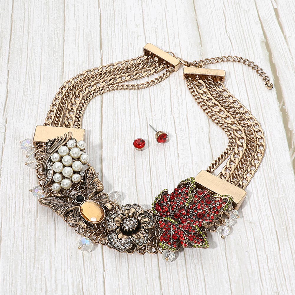 Crystal Pearl Embellished Vintage Floral Butterfly Statement Necklace M H W ACCESSORIES LLC Crystal Pearl Embellished Vintage Floral Butterfly Statement Necklace