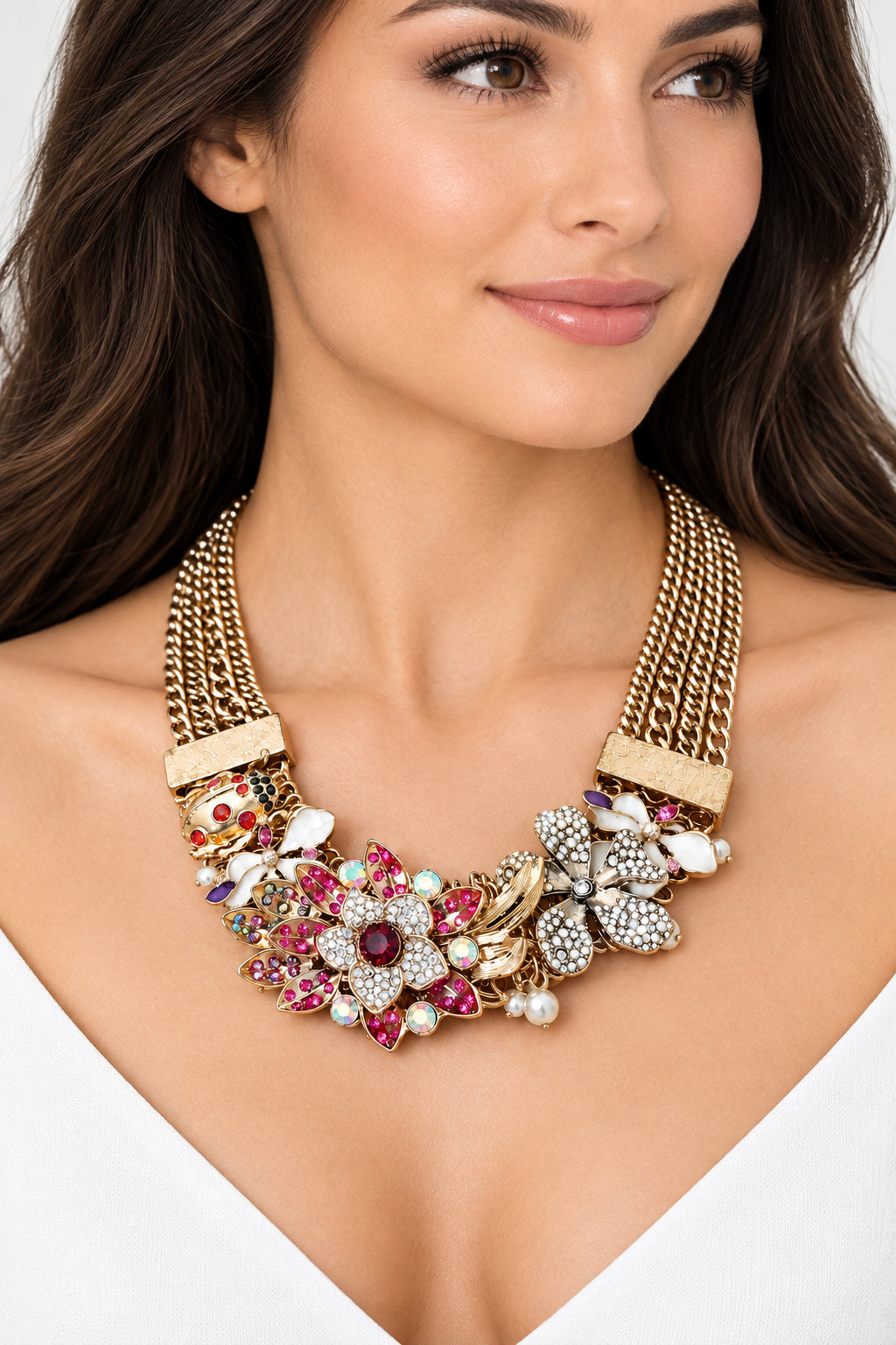 Rhinestone Pave Lady Bug Floral Embellished Multi Chain Strand Statement Necklace M H W ACCESSORIES LLC Rhinestone Pave Lady Bug Floral Embellished Multi Chain Strand Statement Necklace