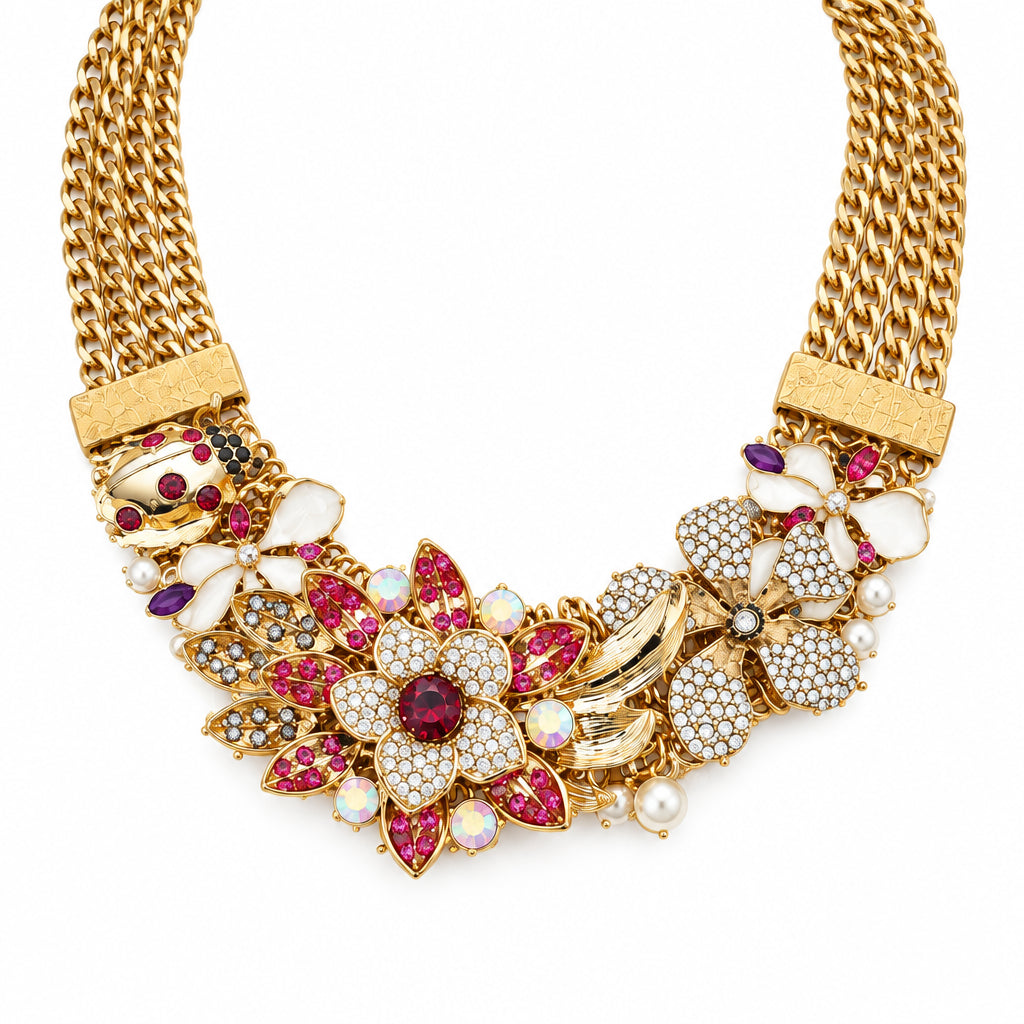 Rhinestone Pave Lady Bug Floral Embellished Multi Chain Strand Statement Necklace M H W ACCESSORIES LLC Rhinestone Pave Lady Bug Floral Embellished Multi Chain Strand Statement Necklace
