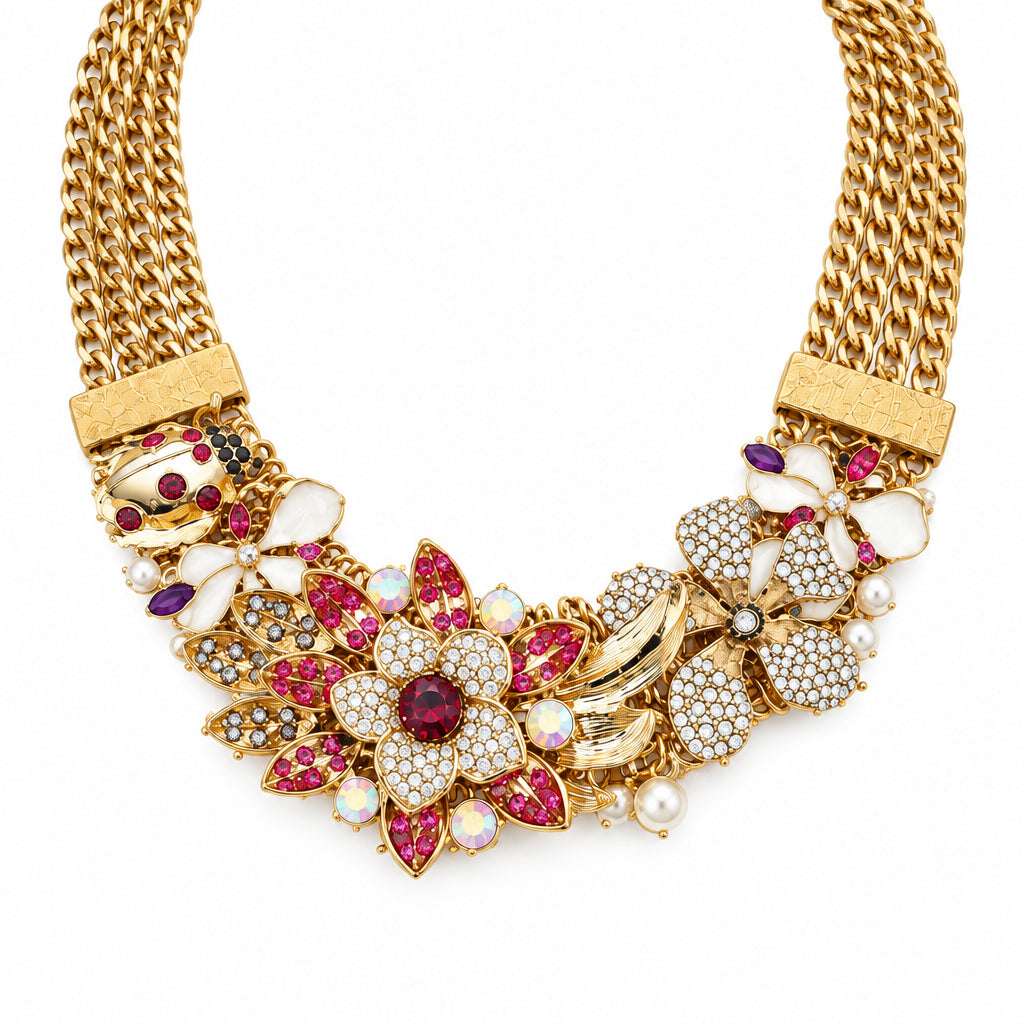Rhinestone Pave Lady Bug Floral Embellished Multi Chain Strand Statement Necklace M H W ACCESSORIES LLC Rhinestone Pave Lady Bug Floral Embellished Multi Chain Strand Statement Necklace