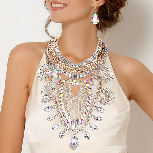 Gold Flower Teardrop Marquise Stone Embellished Chain Details Statement Necklace - M H W ACCESSORIES LLC