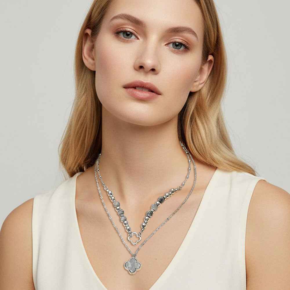 Gray Layered Quatrefoil Pendant Accent Necklace