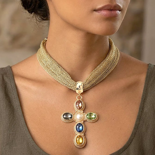 Pearl Center Oval Embellished Gold Tone Cross Pendant Accent Mesh Chain Statement Necklace