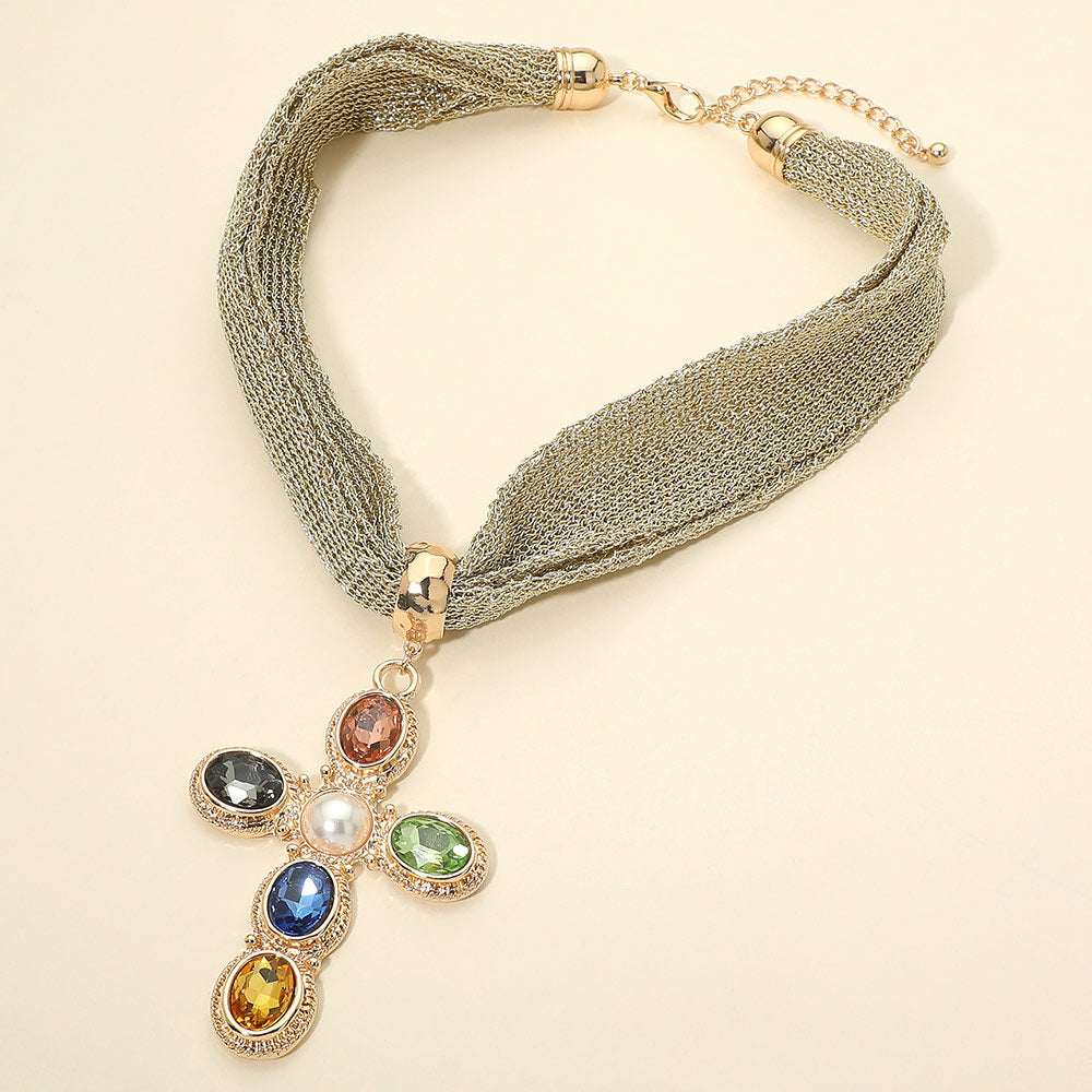Pearl Center Oval Embellished Gold Tone Cross Pendant Accent Mesh Chain Statement Necklace M H W ACCESSORIES LLC Pearl Center Oval Embellished Gold Tone Cross Pendant Accent Mesh Chain Statement Necklace