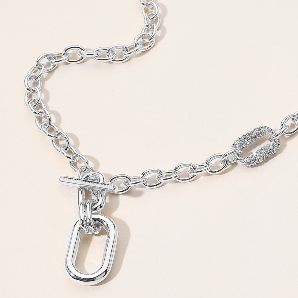 Silver CZ Paved Oval Pointed Toggle Necklace