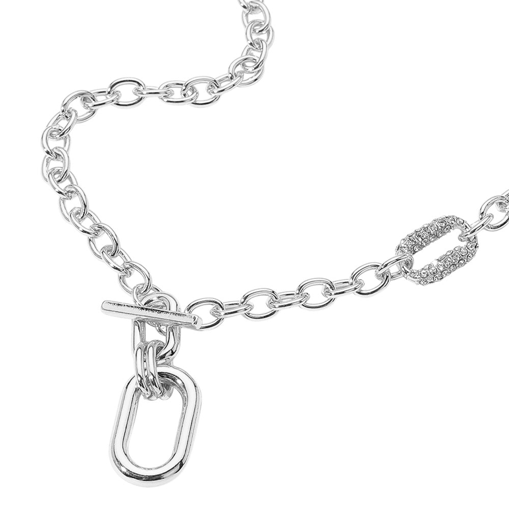 Silver CZ Paved Oval Pointed Toggle Necklace