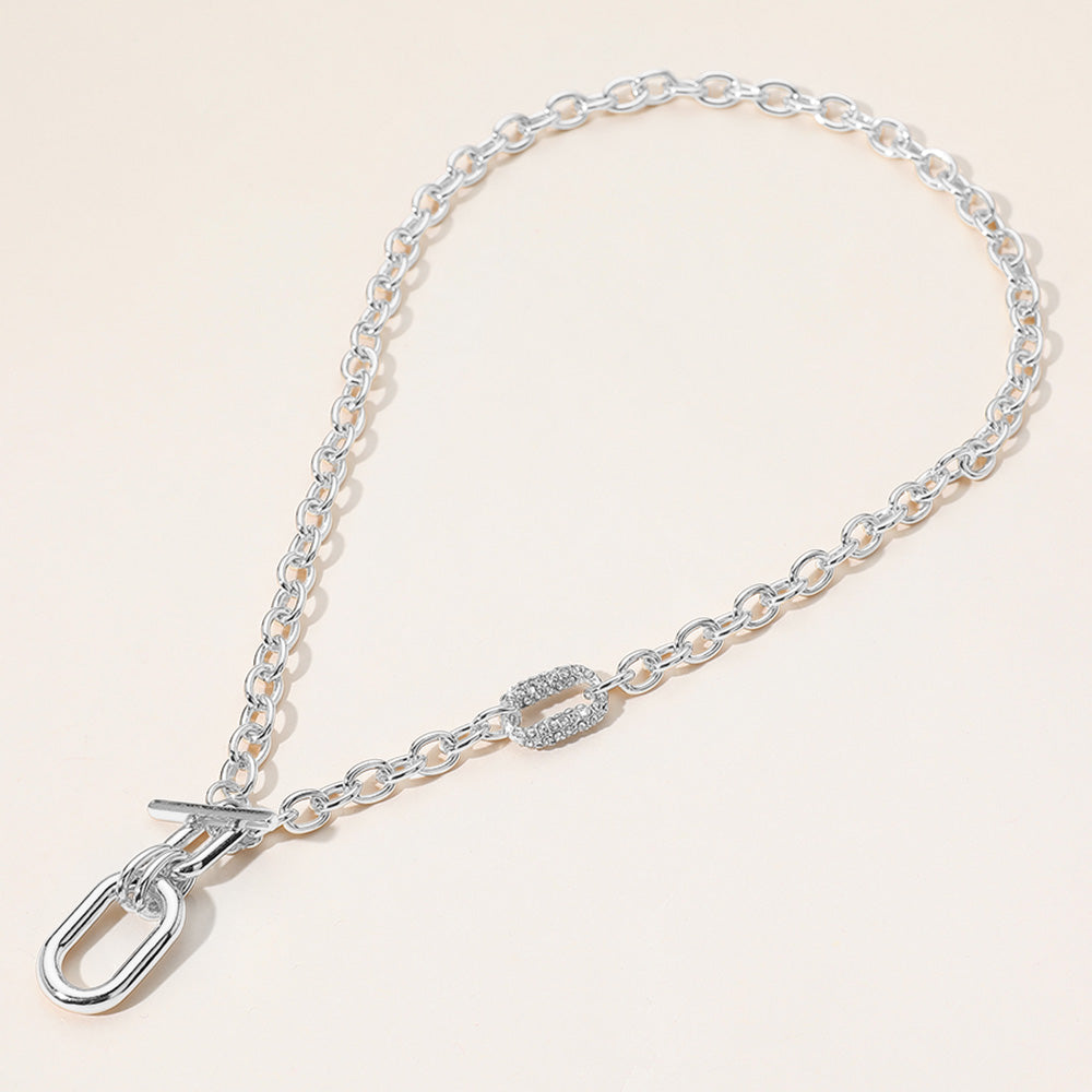 Silver CZ Paved Oval Pointed Toggle Necklace
