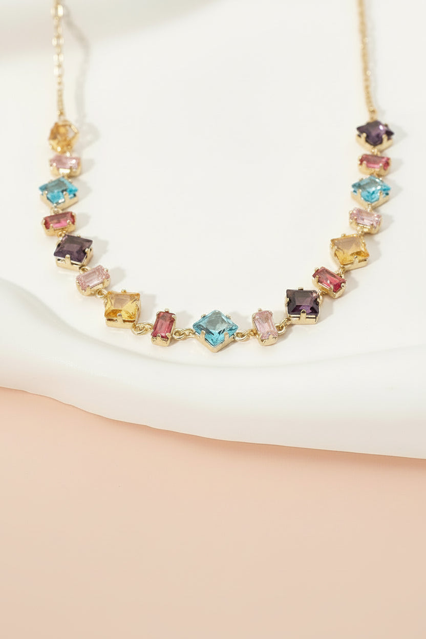 Stainless Steel Mixed Shape Multicolor Gem Link Necklace M H W ACCESSORIES LLC Stainless Steel Mixed Shape Multicolor Gem Link Necklace