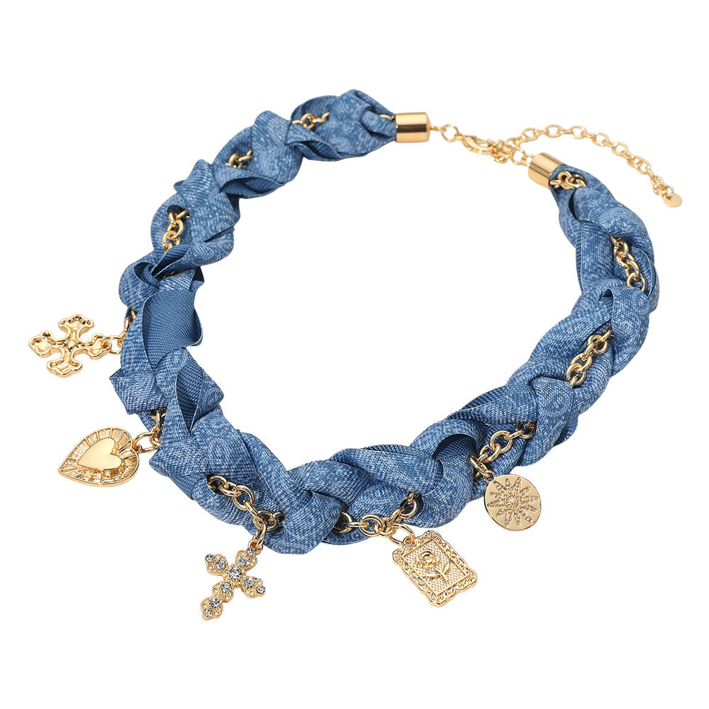 Cross Heart Flower Charm Blue Denim Fabric Braided Statement Necklace