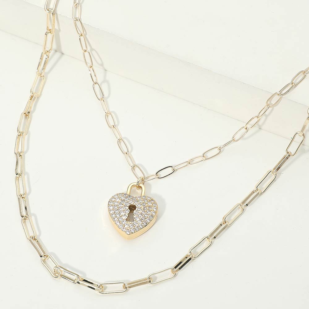 14K Gold Plated CZ Pave Heart Lock Pendant Accent Paperclip Chain Layered Necklace