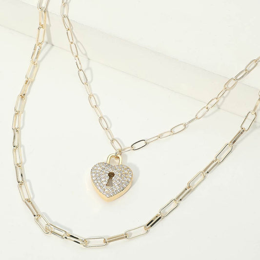14K Gold Plated CZ Pave Heart Lock Pendant Accent Paperclip Chain Layered Necklace