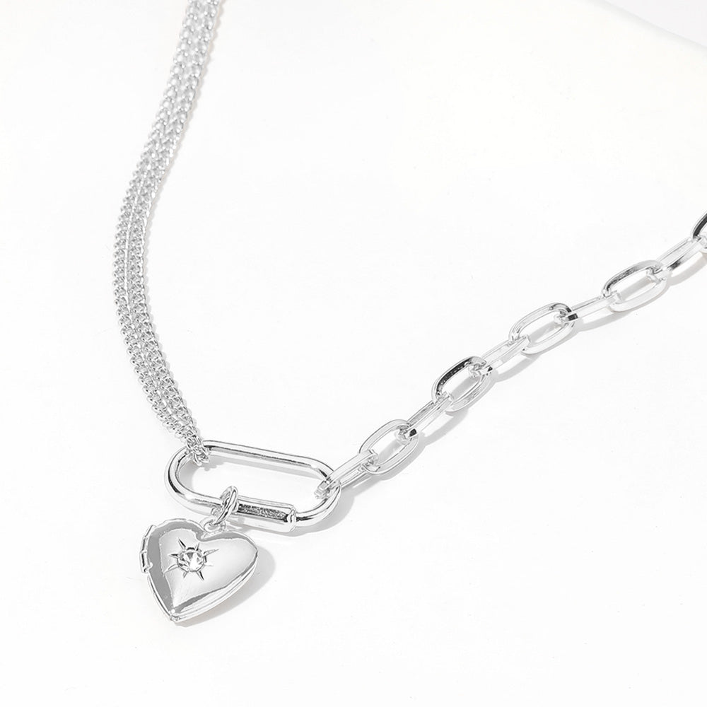 Paved Heart Locket Carabiner Charm Half Paper Clip Chain Necklace