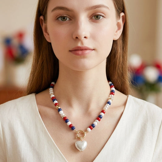 Pearl Heart Charm Accent Patriotic Beaded Necklace