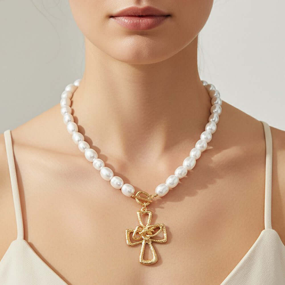 Cross Pendant Pearl Beaded Necklace for Women M H W ACCESSORIES LLC Cross Pendant Pearl Beaded Necklace for Women