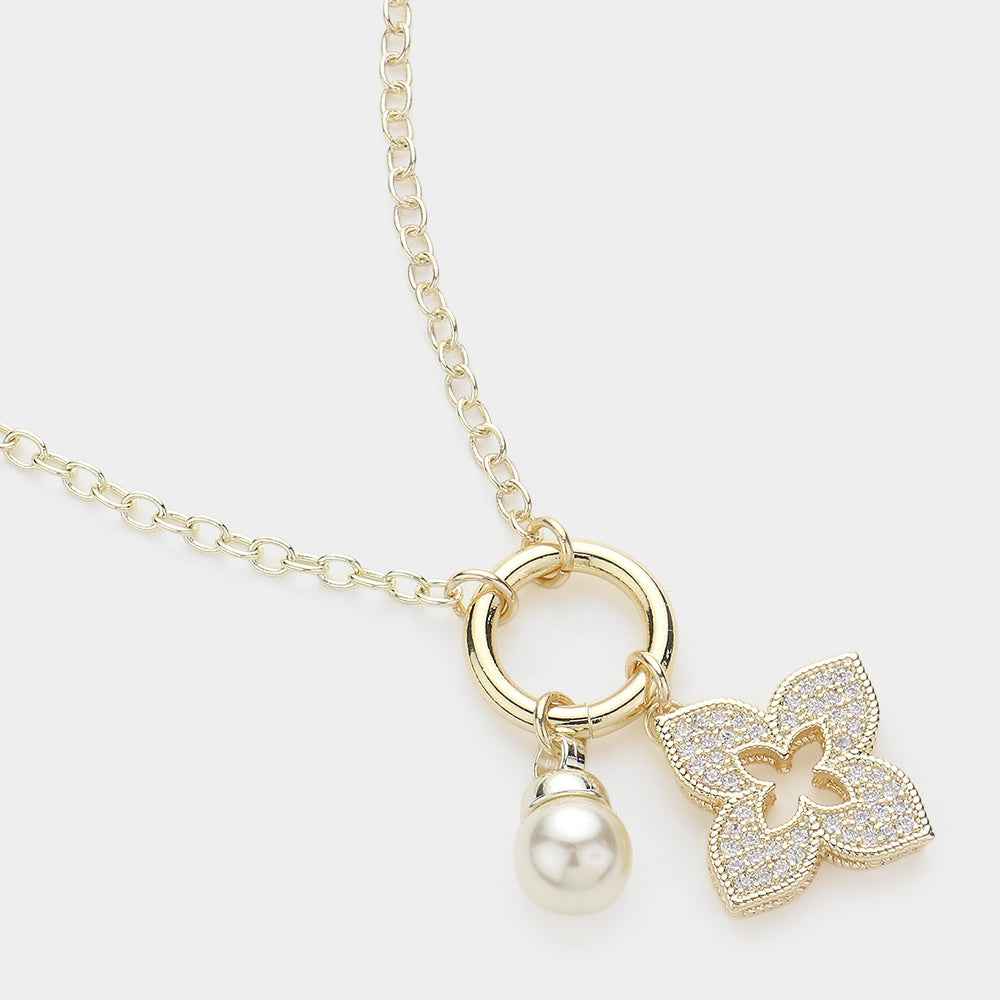 14K Gold Plated CZ Stone Paved Clover Natural Pearl Charm Pendant Necklace