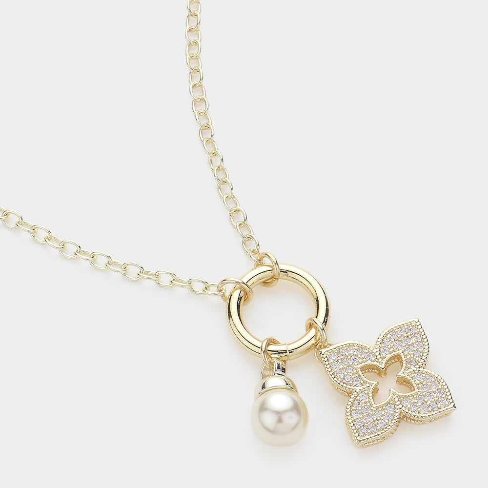 14K Gold Plated CZ Stone Paved Clover Natural Pearl Charm Pendant Necklace