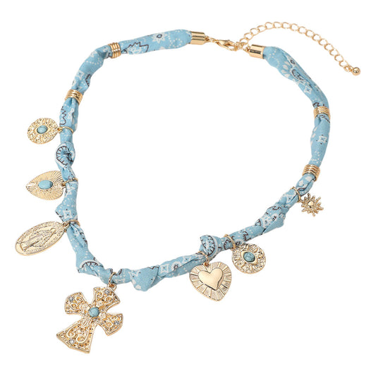 Boho Cross Heart Religious Charm Blue Fabric Braided Necklace