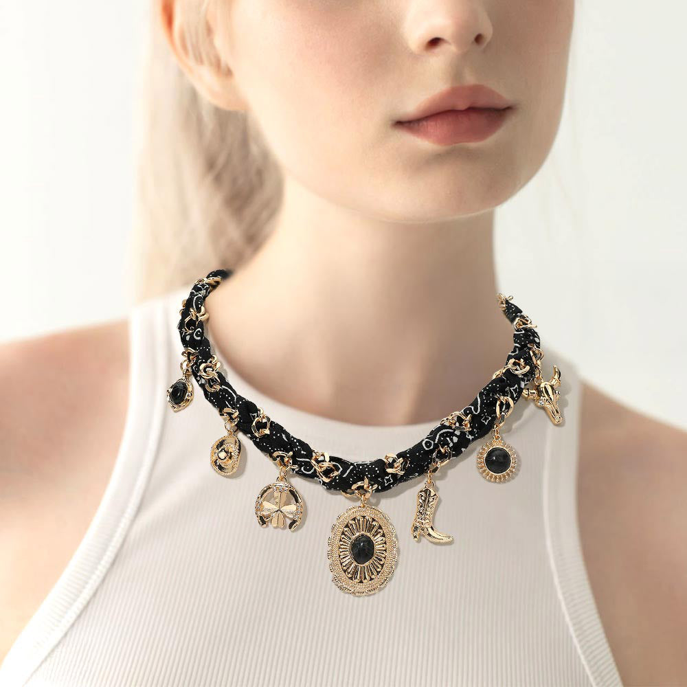 Western Themed Charm Fabric Black Braided Necklace