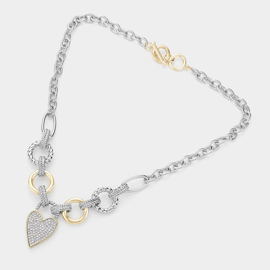 14K Gold Plated Two Tone CZ Stone Paved Heart Pendant Necklace
