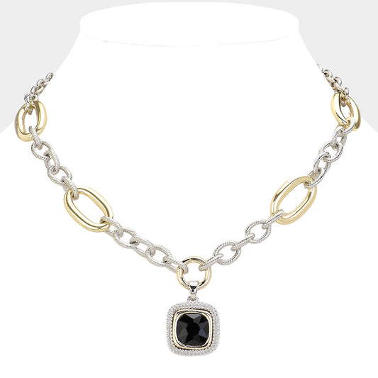 14K Gold Plated Silver and Gold Black Onyx Pendant Link Statement Necklace - M H W ACCESSORIES LLC