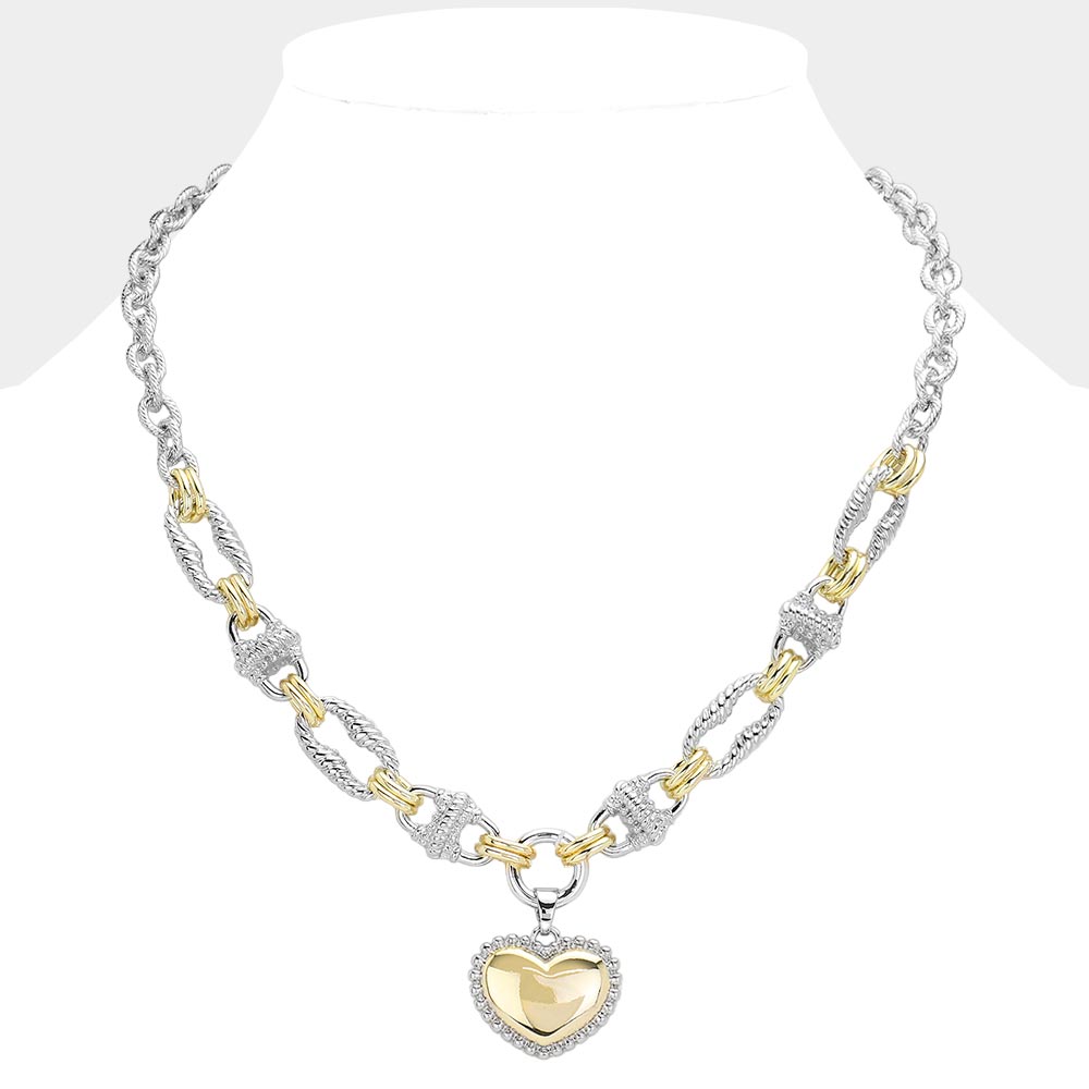 Silver and Gold Metal Heart Pendant Necklace - M H W ACCESSORIES LLC