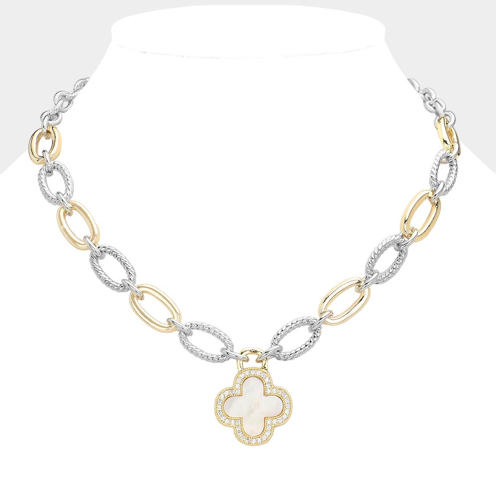 Silver & Gold CZ Quatrefoil Pendant Two Tone Textured Metal Necklace - M H W ACCESSORIES LLC