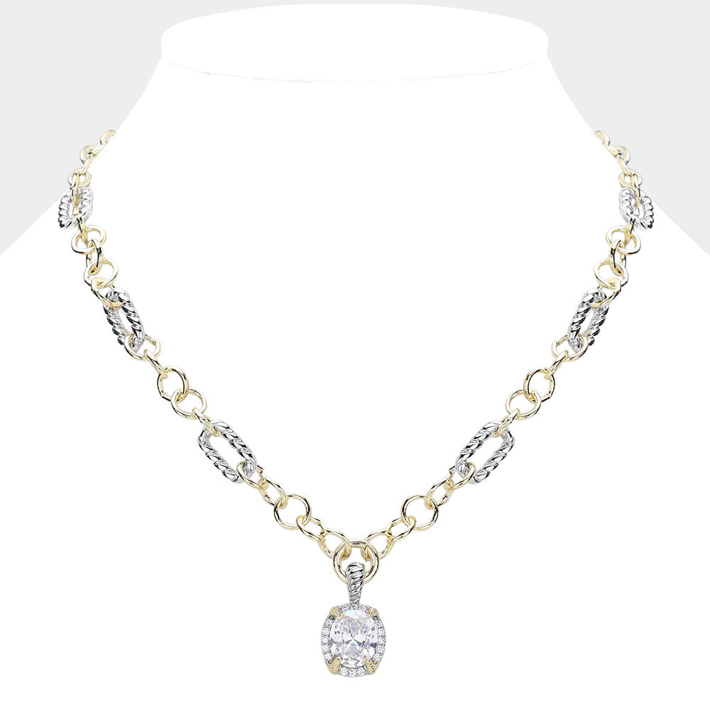 Oval CZ Pendant  14K Gold Plated Two Tone Chunky Necklace - M H W ACCESSORIES LLC