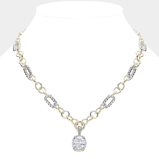 Oval CZ Pendant  14K Gold Plated Two Tone Chunky Necklace - M H W ACCESSORIES LLC