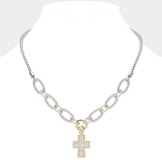 14K Gold Plated Two Tone CZ Paved Cross Pendant Necklace - M H W ACCESSORIES LLC