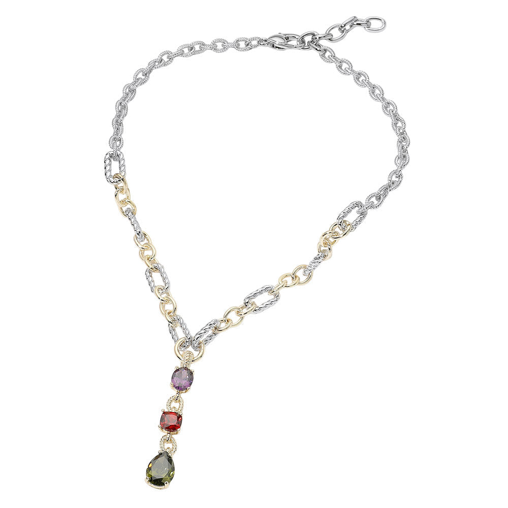 14K Gold Plated Two Tone Colorful Mixed Shape CZ Link Drop Necklace M H W ACCESSORIES LLC 14K Gold Plated Two Tone Colorful Mixed Shape CZ Link Drop Necklace