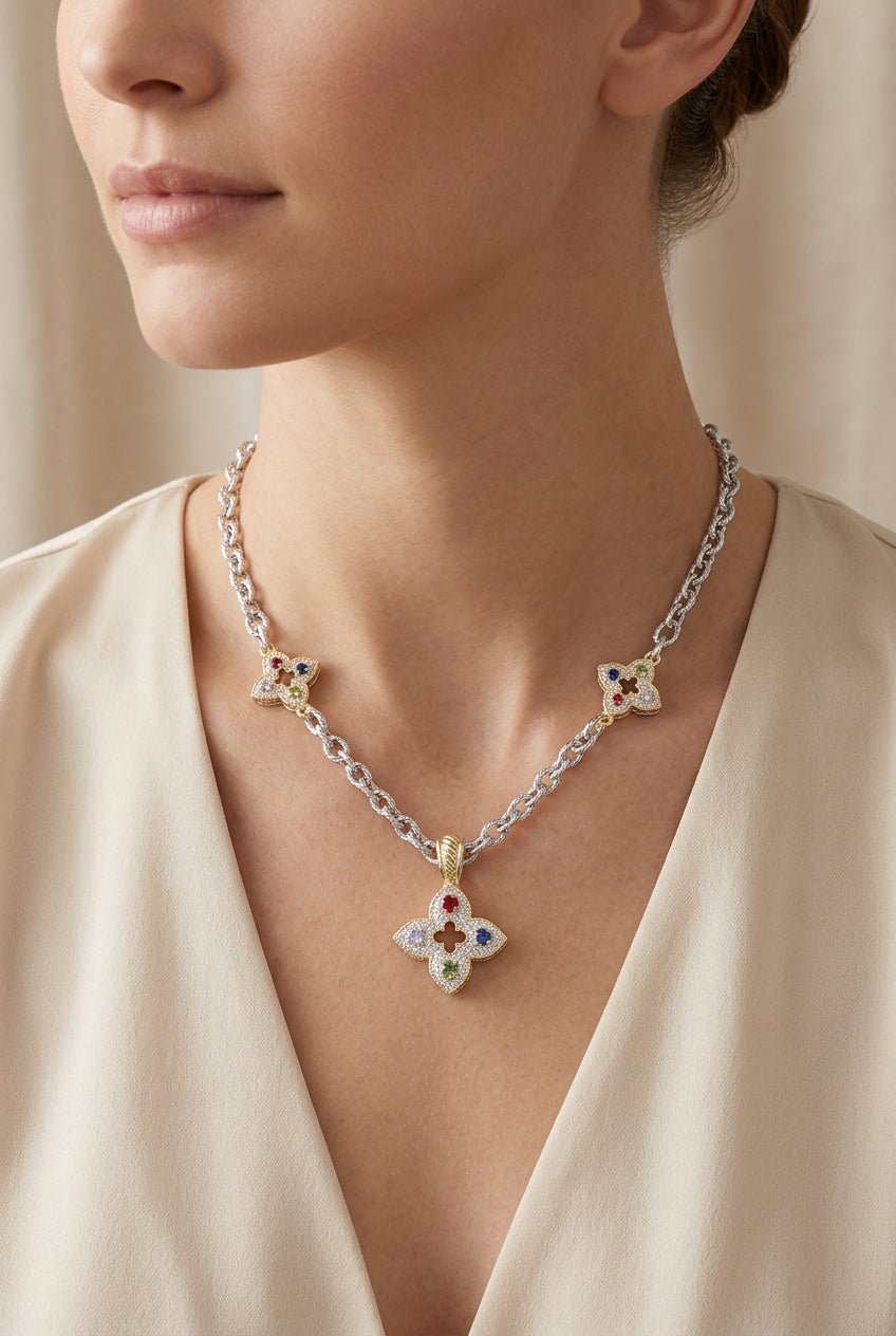 14K Gold Plated Two Tone CZ Stone Paved Clover Pointed Chunky Chain Necklace M H W ACCESSORIES LLC 14K Gold Plated Two Tone CZ Stone Paved Clover Pointed Chunky Chain Necklace