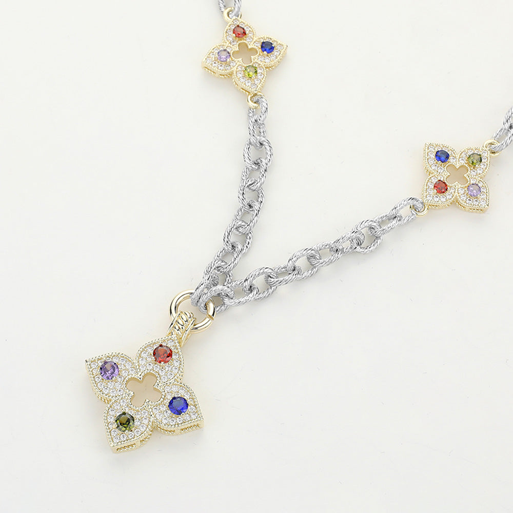 14K Gold Plated Two Tone CZ Stone Paved Clover Pointed Chunky Chain Necklace M H W ACCESSORIES LLC 14K Gold Plated Two Tone CZ Stone Paved Clover Pointed Chunky Chain Necklace