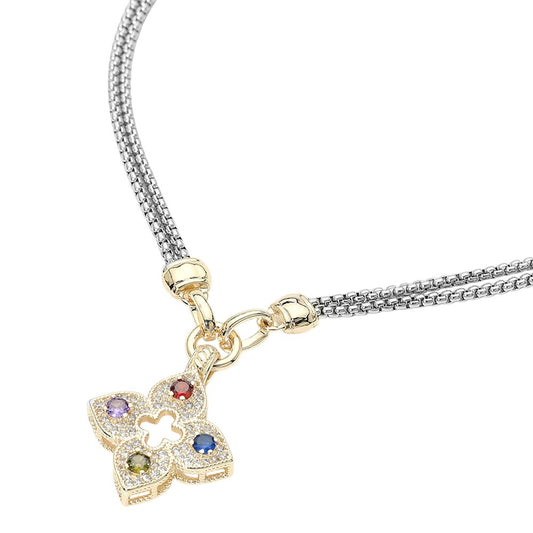 14K Gold Plated Colorful CZ Floral Pendant Double Chain Necklace