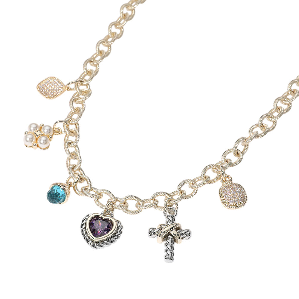 14K Gold Plated CZ Heart Stone Pearl Cluster Metal Cross Charm Station Necklace