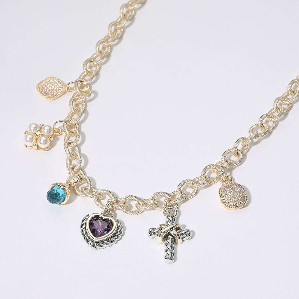 14K Gold Plated CZ Heart Stone Pearl Cluster Metal Cross Charm Station Necklace M H W ACCESSORIES LLC 14K Gold Plated CZ Heart Stone Pearl Cluster Metal Cross Charm Station Necklace