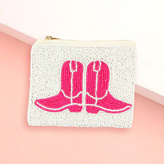 Pink Western Cowboy Boots Seed Beaded Mini Pouch Bag